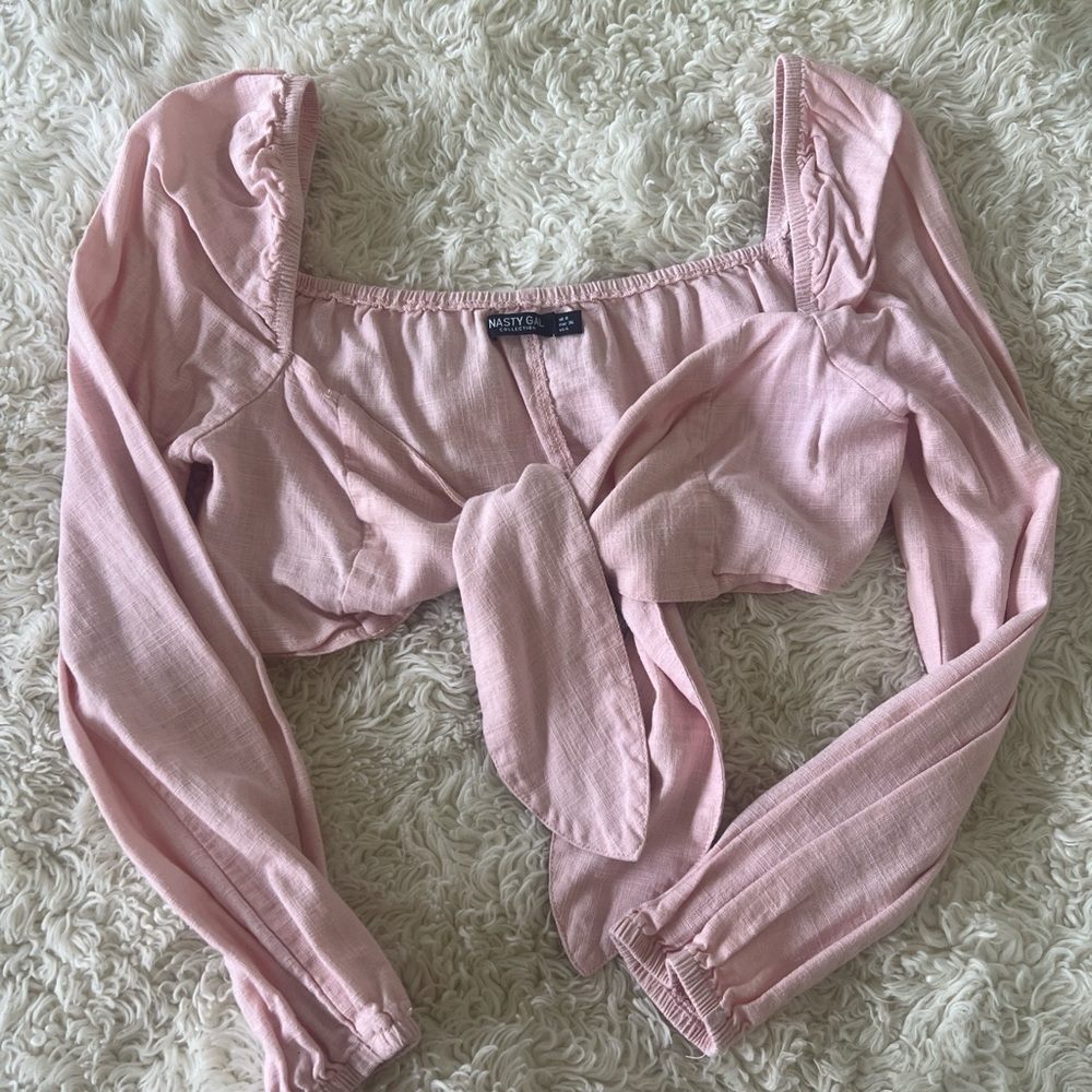 Nasty Gal Pink Ruffled Tie Front Crop Blouse